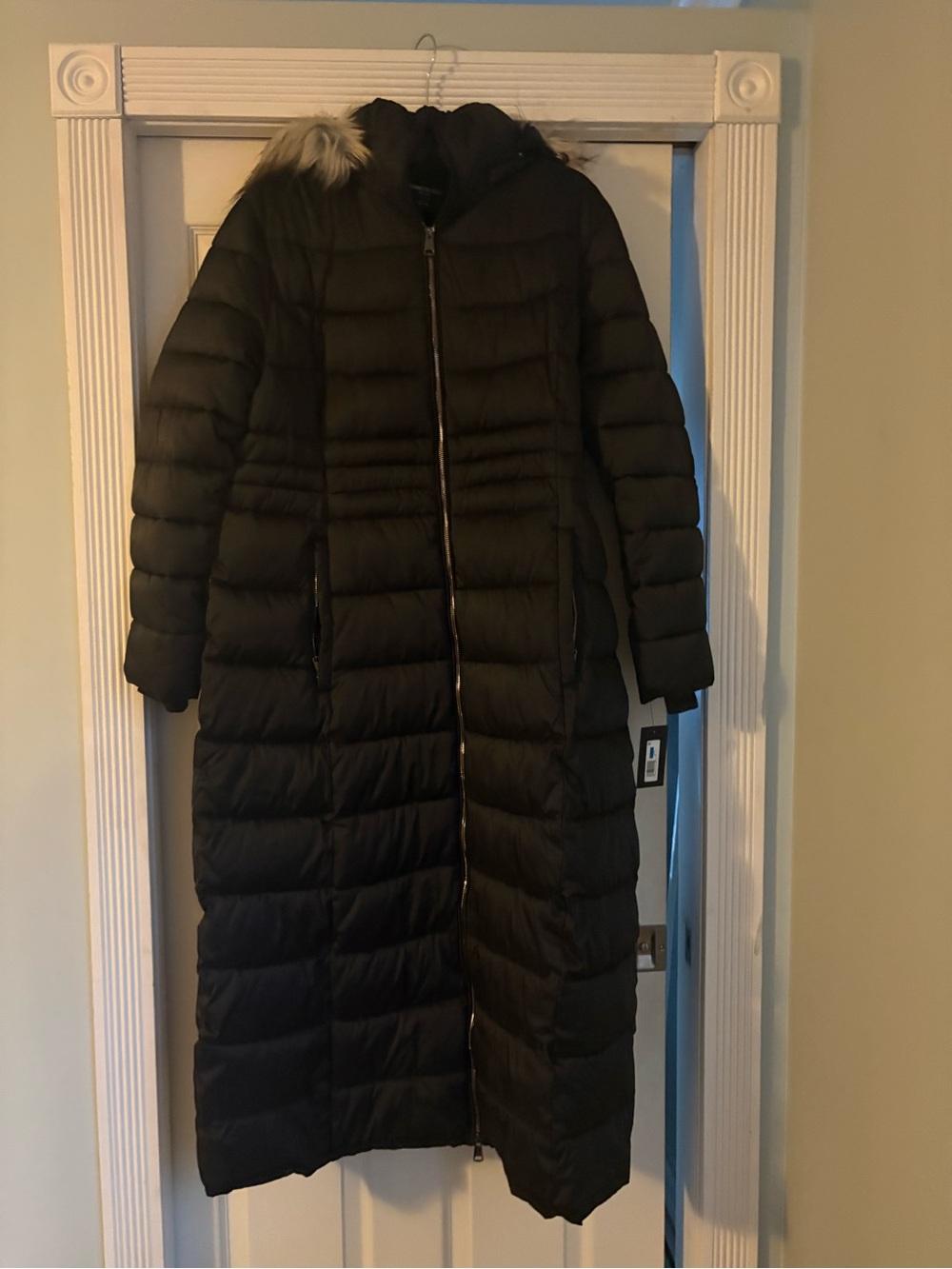 Kenneth Cole Black Long Quilted Puffer Coat with Faux Fur Hood Trim